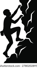 Man climbing a rocky cliff face with equipment on white background