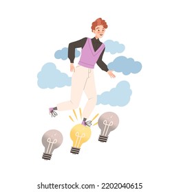 Man Climbing Up the Sky Stepping on Light Bulb as Smart Idea and Solution Vector Illustration