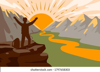 Man climbing to the snow-capped mountains Delight from the conquest of the peak Landscape of the valley Vector illustration 