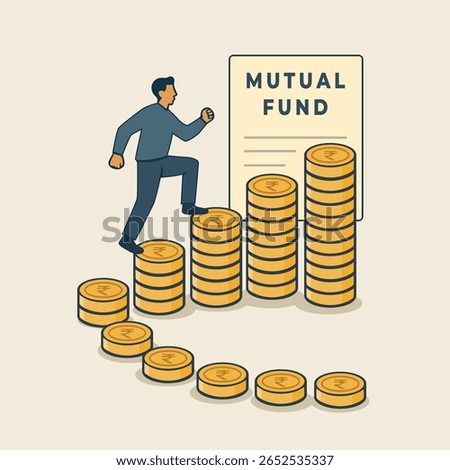 A man climbing stacks of coins toward a mutual fund document, symbolising investment growth and wealth building