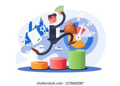 Man climbing up stairs or ascending columns of bar chart. Cartoon businessman holding briefcase and money in hands vector illustration flat style. Business growth concept