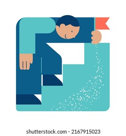 Man climbing the stairs carries the flag as a symbol of success and heights. Business growth, teamwork, goal achievement. Challenge. Target victory. Sketch vector illustration