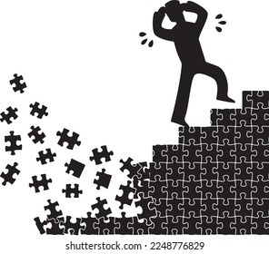 Man climbing stairs and stairs of crumbling puzzle pieces