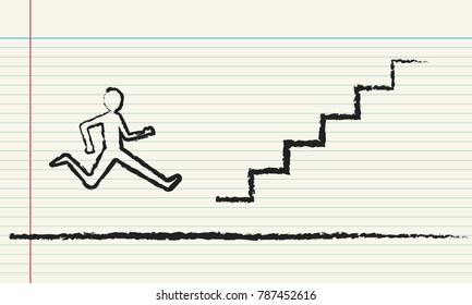 man climbing up the stairs, drawn on notebook page 