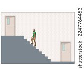 A man climbing the stairs. Exit gate vector. Stairs. Wall paper. Fire exit. Door