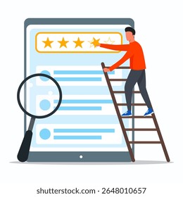 A man climbing with stairs to giving star review on big icon of tablet. Customer satisfaction concept.