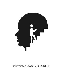 Man climbing stairs inside human head. Psychology, career goal, successful flat icon isolated on white background. Vector illustration