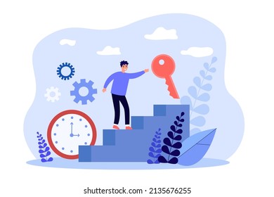 Man climbing stairs for key. Process of achieving goal and growth of tiny person flat vector illustration. Achievement, success strategy concept for banner, website design or landing web page