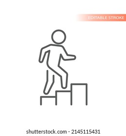 Man climbing stairs line vector icon. Business growth and career success outline symbol.