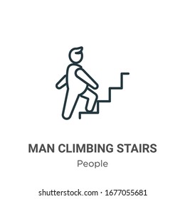 Hombre escalando escaleras contorno icono vectorial. Hombre negro de línea delgada icono de escalar escaleras, vector plano simple ilustración de elemento de personas editables concepto de trazo aislado en fondo blanco