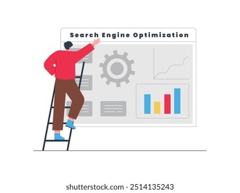 Man climbing stairs preparing search data, for SEO. Character design. Vector flat illustration