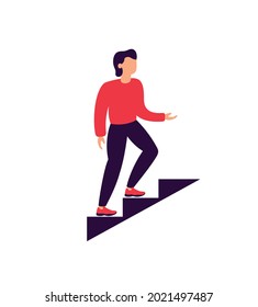 man climbing stairs, simple flat design, steps up isolated vector illustration