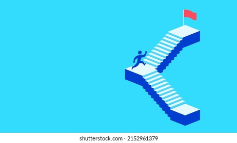 Man climbing stairs step up to red flag success goal conceptual background