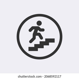 Mann klettert Treppe, Vektorsymbol. Öffentliche Unterschrift oben auf der Treppe