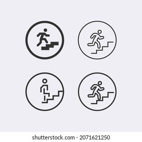 Mann klettert Treppe, Vektorsymbol. Öffentliche Unterschrift oben auf der Treppe