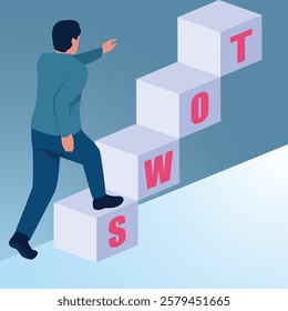 A man climbing stairs from the word swot. Illustration of swot analysis, strengths, weaknesses, opportunities, and threats.