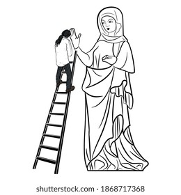 Man climbing step ladder to huge figure of Virgin Mary. Creative concept. Mother and son. Man and the Goddess. Juxtaposition of male and female archetypes. Monochrome black and white silhouette.