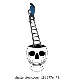 Man climbing step ladder leading up from open human skull. Creative concept.