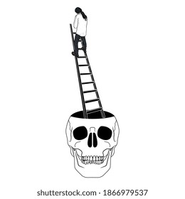 Man climbing step ladder leading up from open human skull. Creative concept. Monochrome silhouette.
