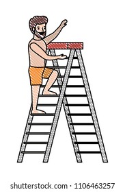 man climbing stepladder with swimsuit character