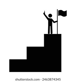 Man Climbing Steps to Reach the Top, Raising Victory Flag Silhouette Icon Symbol