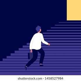 Man climbing steps. Success in businessman career growth personal development challenge. ambitious aspirations to goals vector concept. Illustration of businessman climbing stairway, career up