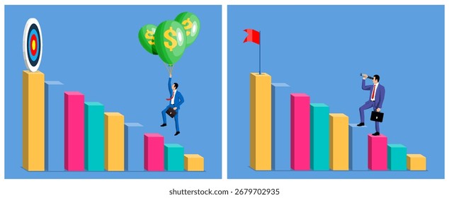 Homem subindo escada de sucesso com balões e olhando através do telescópio. Crescimento dos negócios e visualização da estratégia financeira para aspirantes a empreendedores.