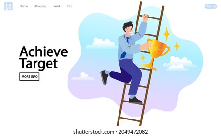Man climbing to top of trophy cup.  businesspeople and ladder to success with big cup on top. success and aspiration in work. competition and goal achievement. Flat Cartoon Vector illustration.