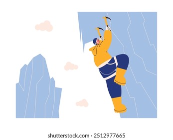 Man climbing very high ice cliff with safety equipment, extreme sports vector illustration.