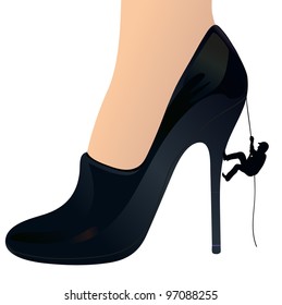 Man climbing up a woman`s shoe