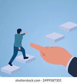 A man climbs a broken beam in the middle of the road and gets help from a finger, an illustration of business support.