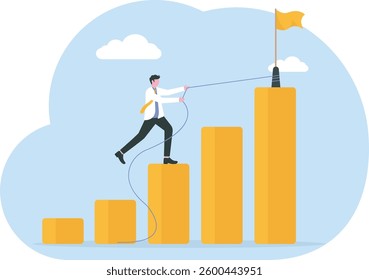 Man climbs the career ladder. Concept of career success, motivation, achieving goals, path to the target's achievement. Vector illustration in flat design.

