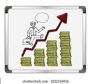 Man climbs up the career ladder on flip chart background. Businessman running up stairway to the top of mountain, Business concept growth and the path to success, Hand drawn  vector illustration