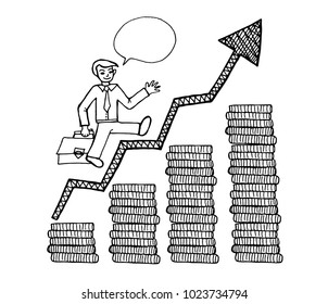 Man climbs up the career ladder on white background. Businessman running up stairway to the top of mountain, Business concept growth and the path to success, Hand drawn  vector illustration