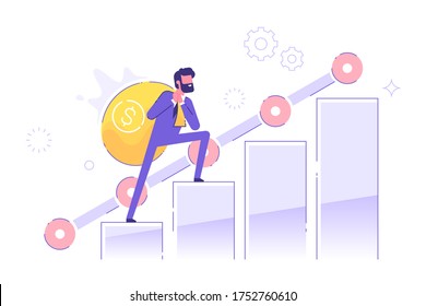 A man climbs up the chart with a bag of money on his back. Investment, savings, earnings and financial goals concept. Modern vector illustration.