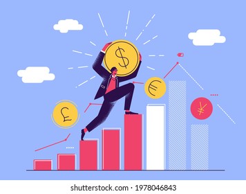 Man climbs chart, and carries Dollar Coin. Financial advisor illustration, investment management, money growth and profit chart, career growth to success, market and currency exchange, business