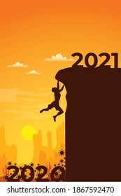 a man climbs a cliff to 2021 and breaks free from coronavirus in 2020