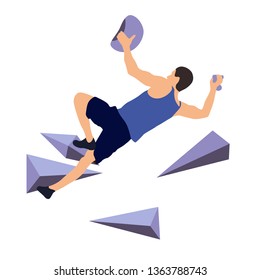 Man climbs a climbing wall in a climbing gym isolated on a white background. Vector illustration.