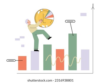 Man climbs coin graph, investment management, money and profit growth diagram, career growth to success, business analysis, financial result report. Personal or corporate budget planning, saving money