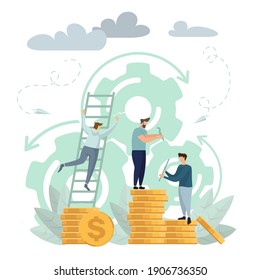 man climbs coin graph, struggle for success, investment management, money growth and profit graph, career growth to success, flat team fixes problems, business analysis, vector illustration