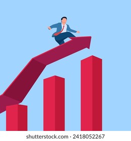 a man climbs a graphic chart that continues to climb upwards, a metaphor for a growing business. Simple flat conceptual illustration. bankrupt