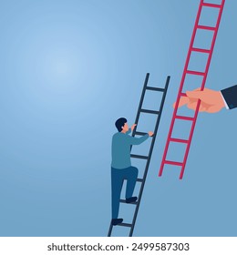 A man climbs a ladder and gets an additional ladder, an illustration of business support.