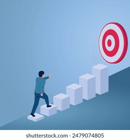 A man climbs a ladder of graphic blocks rising towards a large target, an illustration of goal achievement.