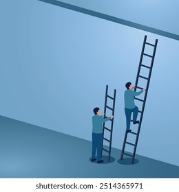 O homem sobe uma escada mais alto que os outros, ilustração da vantagem competitiva.  Maneira criativa ou maneira inovadora de ganhar, melhor estratégia para ganhar sucesso.