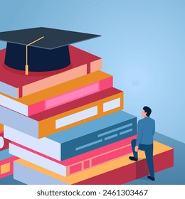 A man climbs a ladder made of books towards a graduation cap, illustration for knowledge.