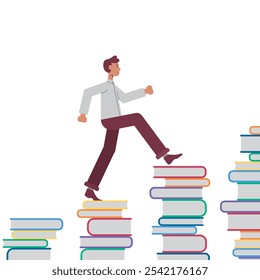 a man climbs a ladder made of books. studies. achieving the goal. flat vector illustration