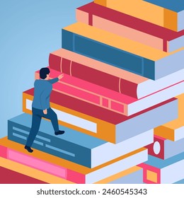 A man climbs a ladder made of stacks of books, illustration for educational investment.