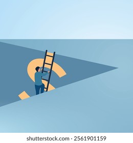 A man climbs the ladder from the money symbol to freedom. Illustration for financial freedom, abundant wealth and riches.