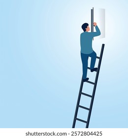 A man climbs a ladder to open a secret window in the sky. Illustration to open secrets, find strategies and open business tips.