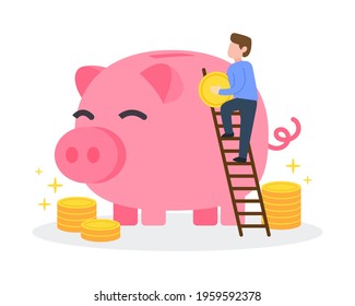 Man climbs the ladder to put the coin into a piggy bank. The creative concept idea of saving money and investment. Simple trendy cute cartoon vector illustration. Modern flat style graphic icon.